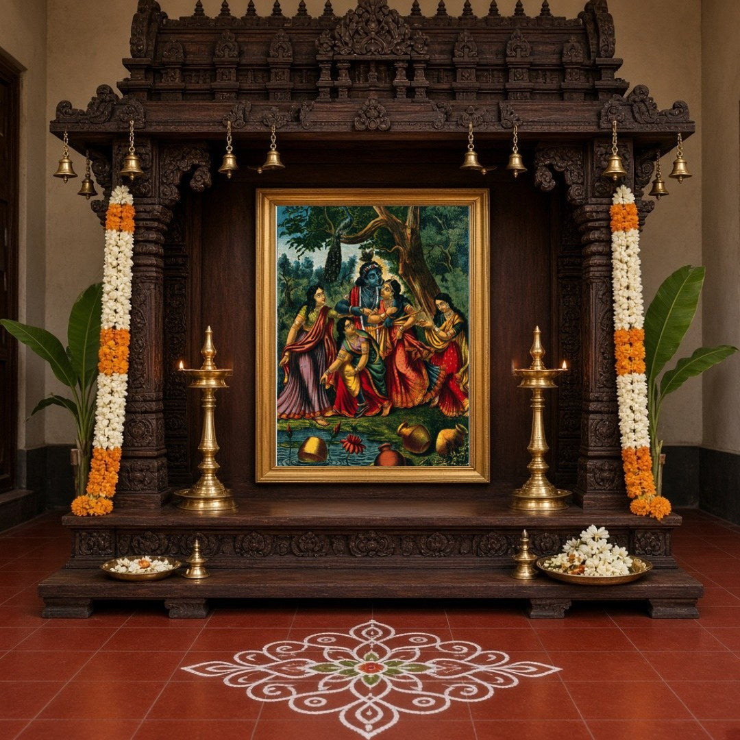 Immerse yourself in the divine allure of this exquisite artwork, depicting Krishna playfully for Home Temple