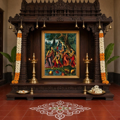 Immerse yourself in the divine allure of this exquisite artwork, depicting Krishna playfully for Home Temple