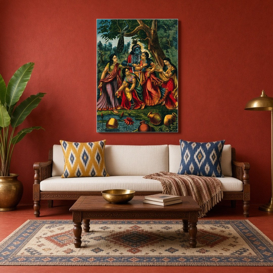 Immerse yourself in the divine allure of this exquisite artwork, depicting Krishna playfully for Living Room