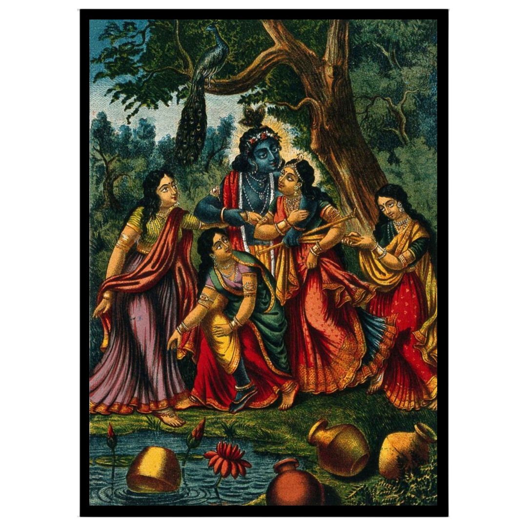 Immerse yourself in the divine allure of this exquisite artwork, depicting Krishna playfully for loft