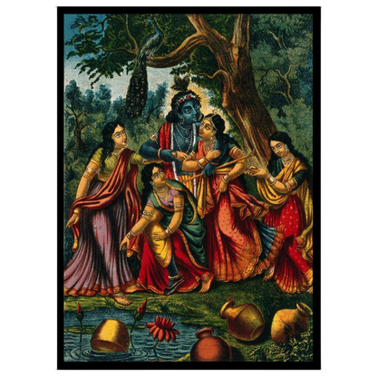 Immerse yourself in the divine allure of this exquisite artwork, depicting Krishna playfully for loft