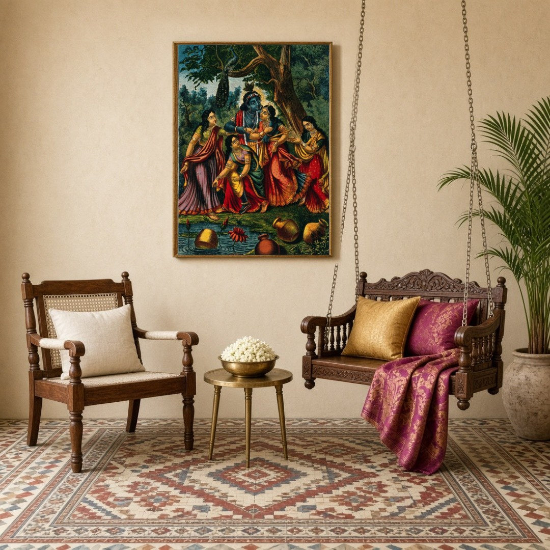 Immerse yourself in the divine allure of this exquisite artwork, depicting Krishna playfully for Sitting Lounge