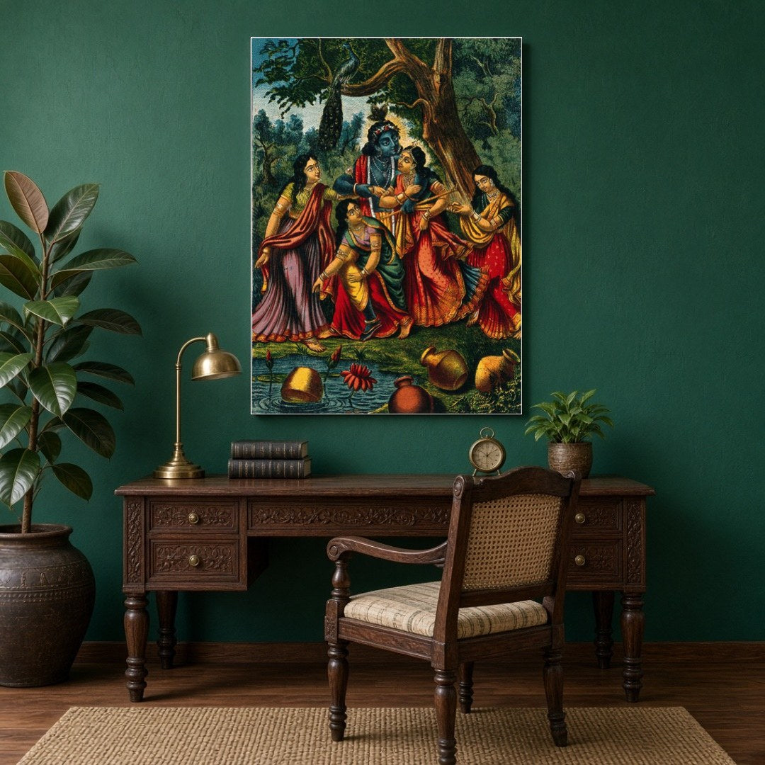 Immerse yourself in the divine allure of this exquisite artwork, depicting Krishna playfully for Study
