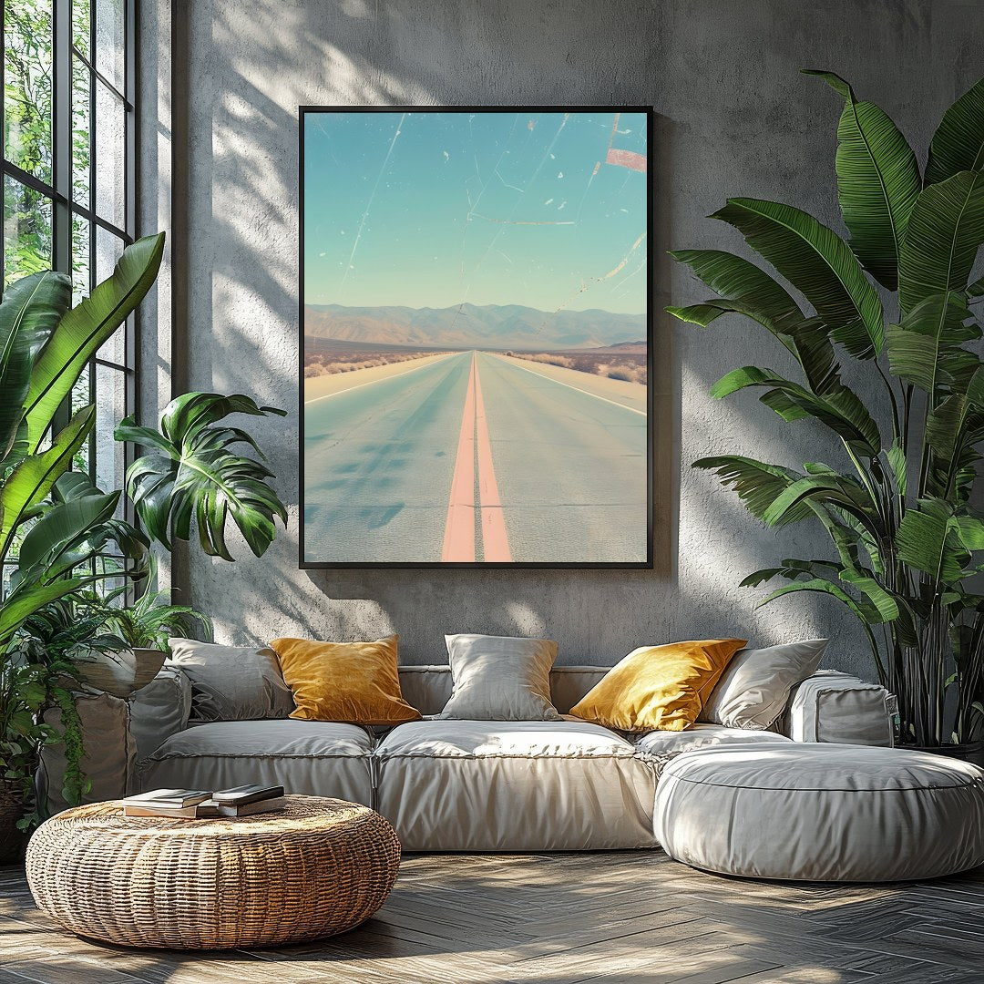 Immerse yourself in the allure of the open road with this captivating depiction of a sunlit desert for Balcony
