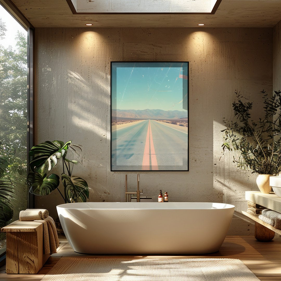 Immerse yourself in the allure of the open road with this captivating depiction of a sunlit desert for Bathroom