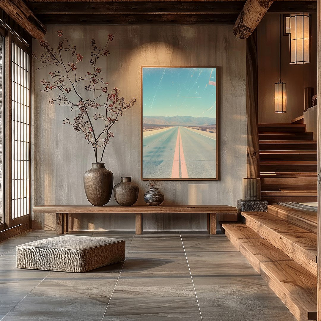 Immerse yourself in the allure of the open road with this captivating depiction of a sunlit desert for Hall