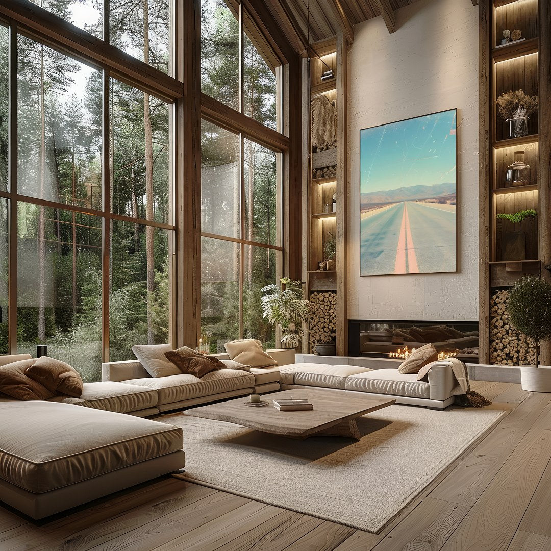 Immerse yourself in the allure of the open road with this captivating depiction of a sunlit desert for Living Room