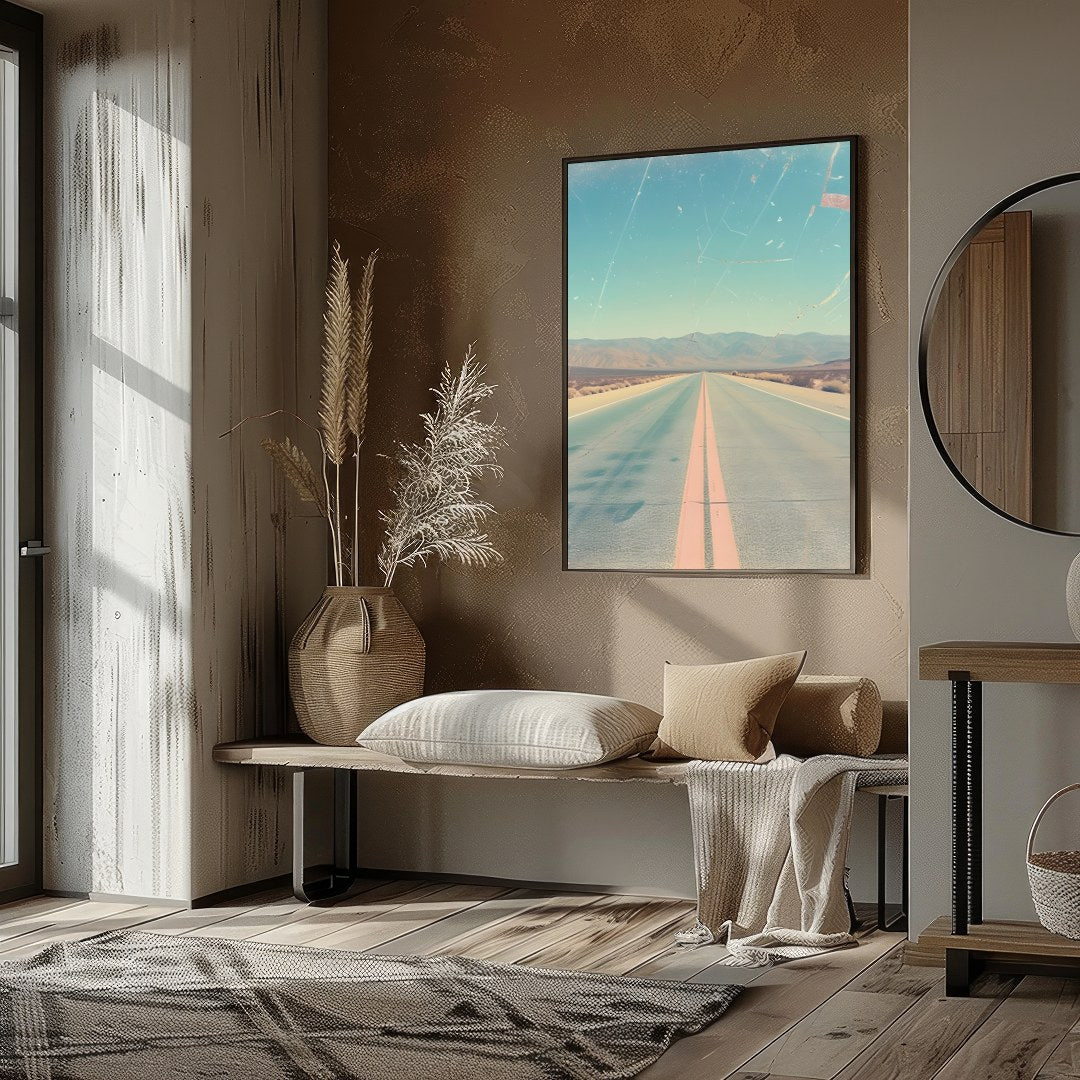 Immerse yourself in the allure of the open road with this captivating depiction of a sunlit desert for retreat