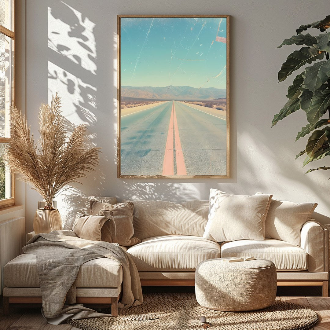 Immerse yourself in the allure of the open road with this captivating depiction of a sunlit desert for Sitting Area