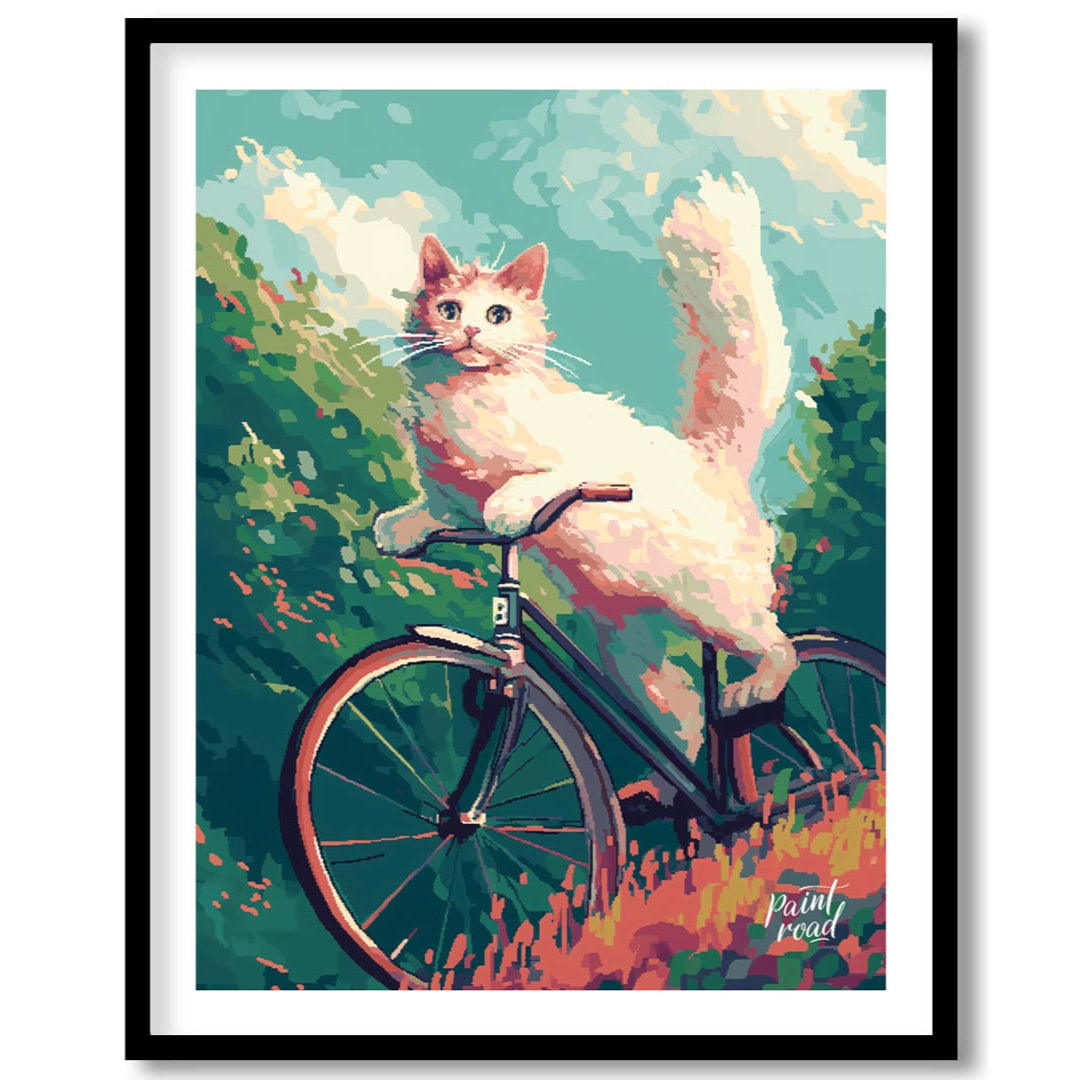 This charming digital painting features a fluffy white cat with bright blue eyes, in mid-leap or an… for abode