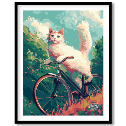 This charming digital painting features a fluffy white cat with bright blue eyes, in mid-leap or an… for abode