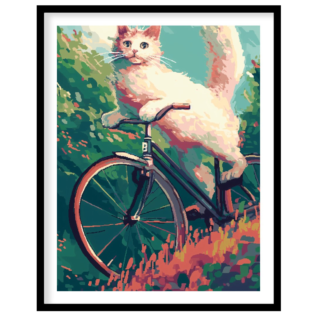 This charming digital painting features a fluffy white cat with bright blue eyes, in mid-leap or an… for abode