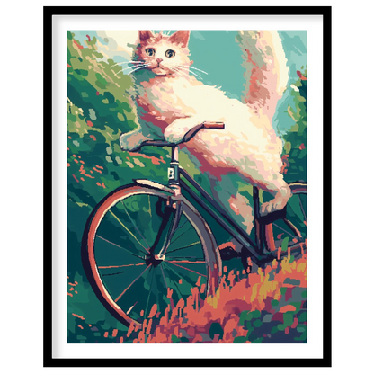 This charming digital painting features a fluffy white cat with bright blue eyes, in mid-leap or an… for abode