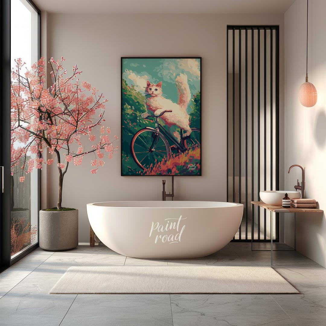 This charming digital painting features a fluffy white cat with bright blue eyes, in mid-leap or an… for bathroom