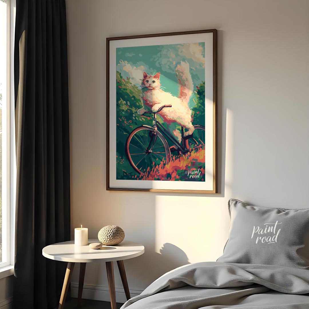This charming digital painting features a fluffy white cat with bright blue eyes, in mid-leap or an… for bedroom