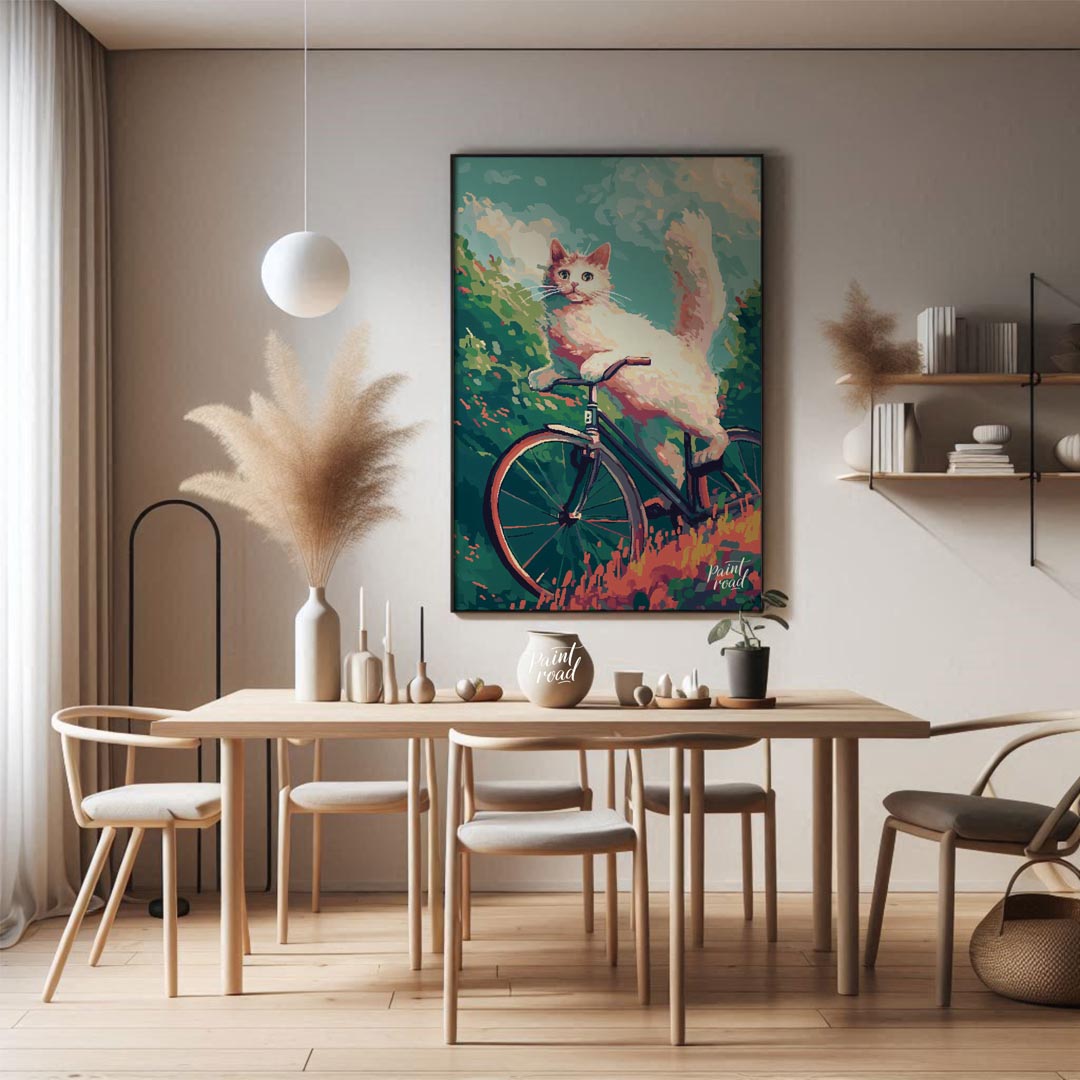 This charming digital painting features a fluffy white cat with bright blue eyes, in mid-leap or an… for dining room