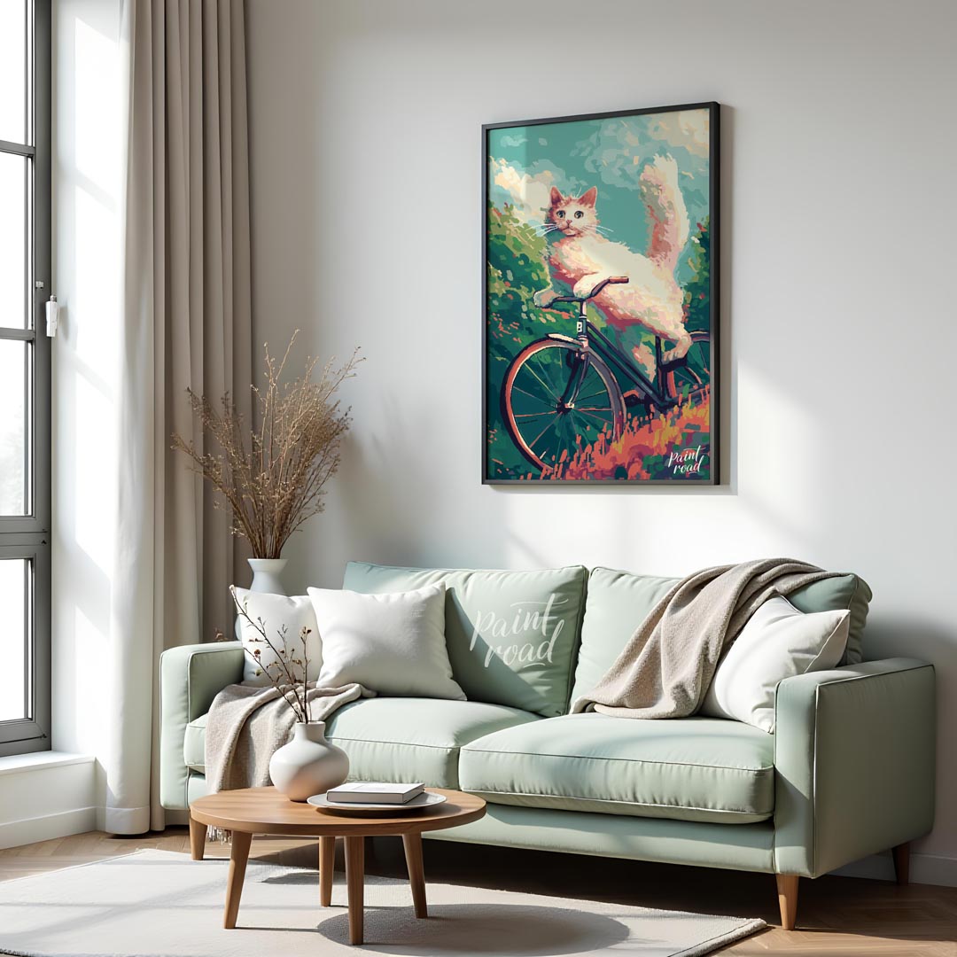 This charming digital painting features a fluffy white cat with bright blue eyes, in mid-leap or an… for living room