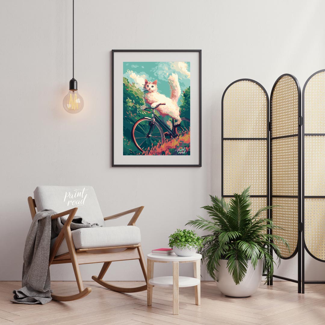 This charming digital painting features a fluffy white cat with bright blue eyes, in mid-leap or an… for living room