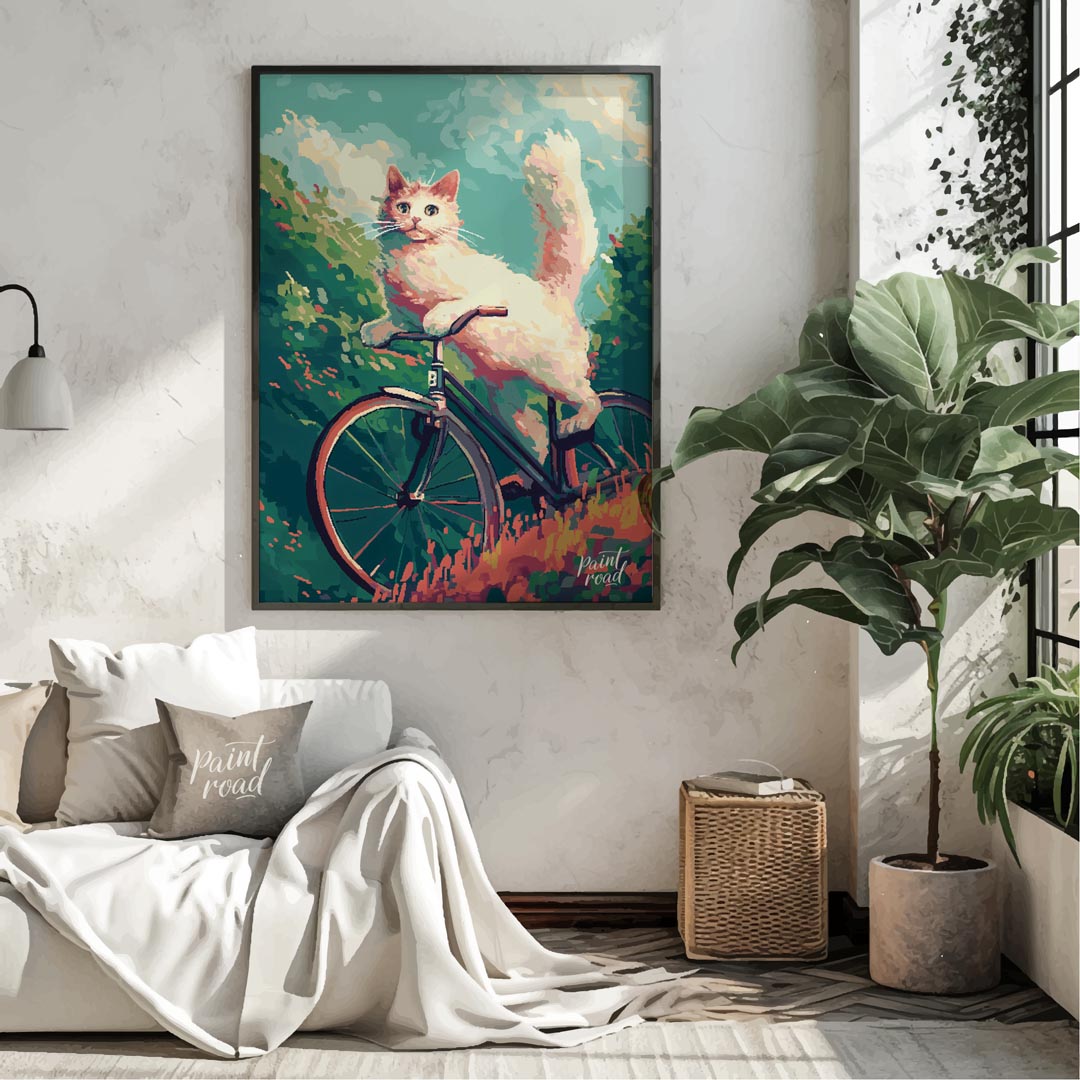 This charming digital painting features a fluffy white cat with bright blue eyes, in mid-leap or an… for living room