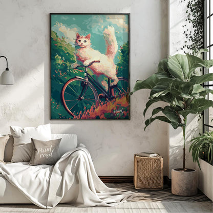 This charming digital painting features a fluffy white cat with bright blue eyes, in mid-leap or an… for living room