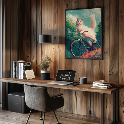 This charming digital painting features a fluffy white cat with bright blue eyes, in mid-leap or an… for office