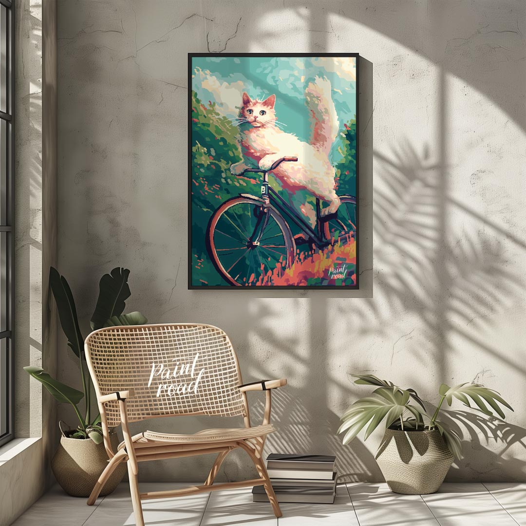 This charming digital painting features a fluffy white cat with bright blue eyes, in mid-leap or an… for other