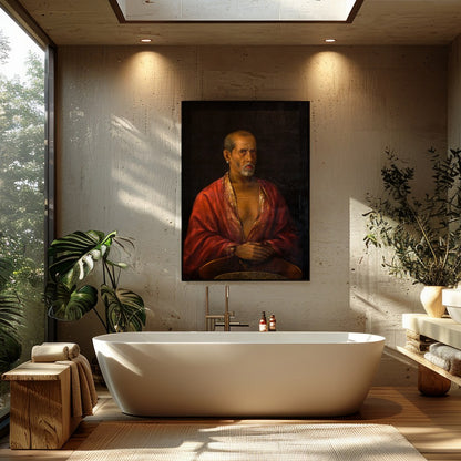 This captivating portrait of an elder dressed in a luxurious red robe exudes wisdom and mystery. for Bathroom