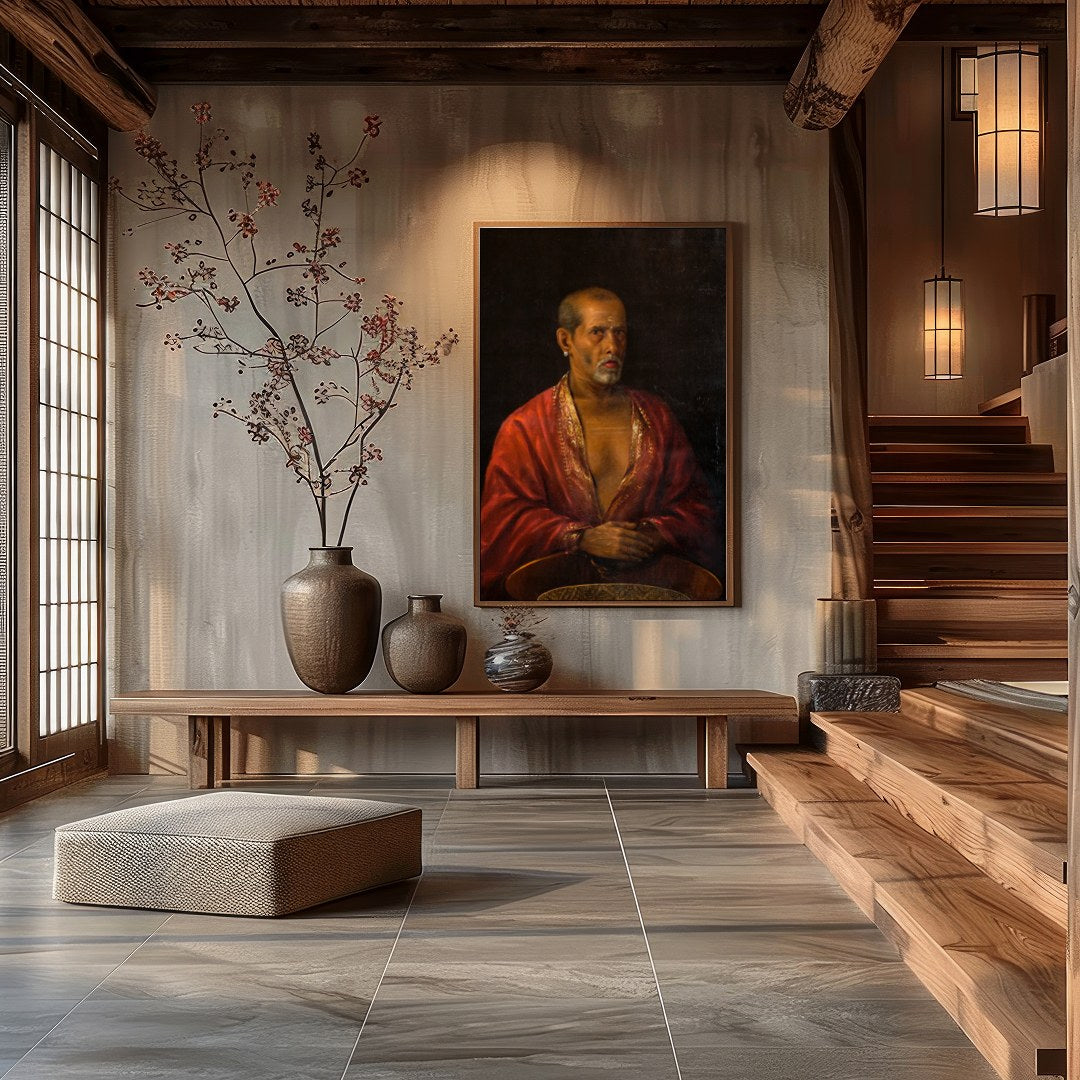 This captivating portrait of an elder dressed in a luxurious red robe exudes wisdom and mystery. for Hall