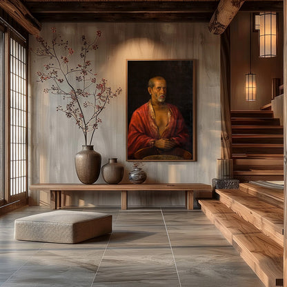 This captivating portrait of an elder dressed in a luxurious red robe exudes wisdom and mystery. for Hall
