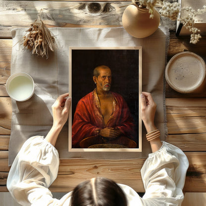 This captivating portrait of an elder dressed in a luxurious red robe exudes wisdom and mystery. for Kitchen