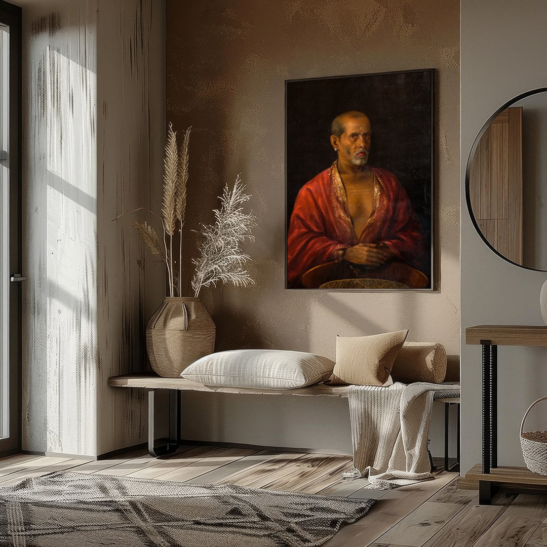 This captivating portrait of an elder dressed in a luxurious red robe exudes wisdom and mystery. for retreat