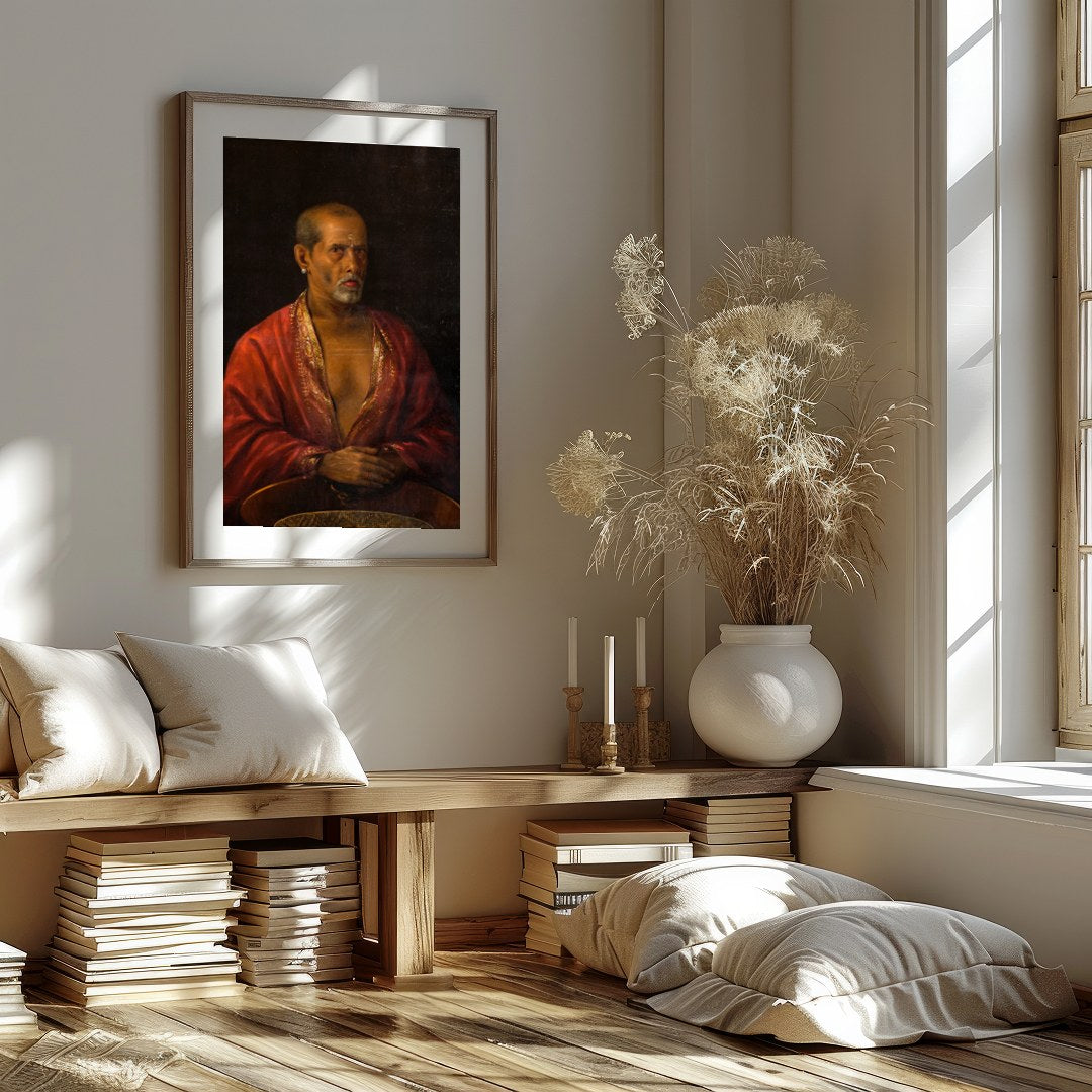 This captivating portrait of an elder dressed in a luxurious red robe exudes wisdom and mystery. for studio