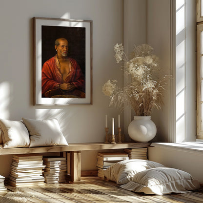 This captivating portrait of an elder dressed in a luxurious red robe exudes wisdom and mystery. for studio
