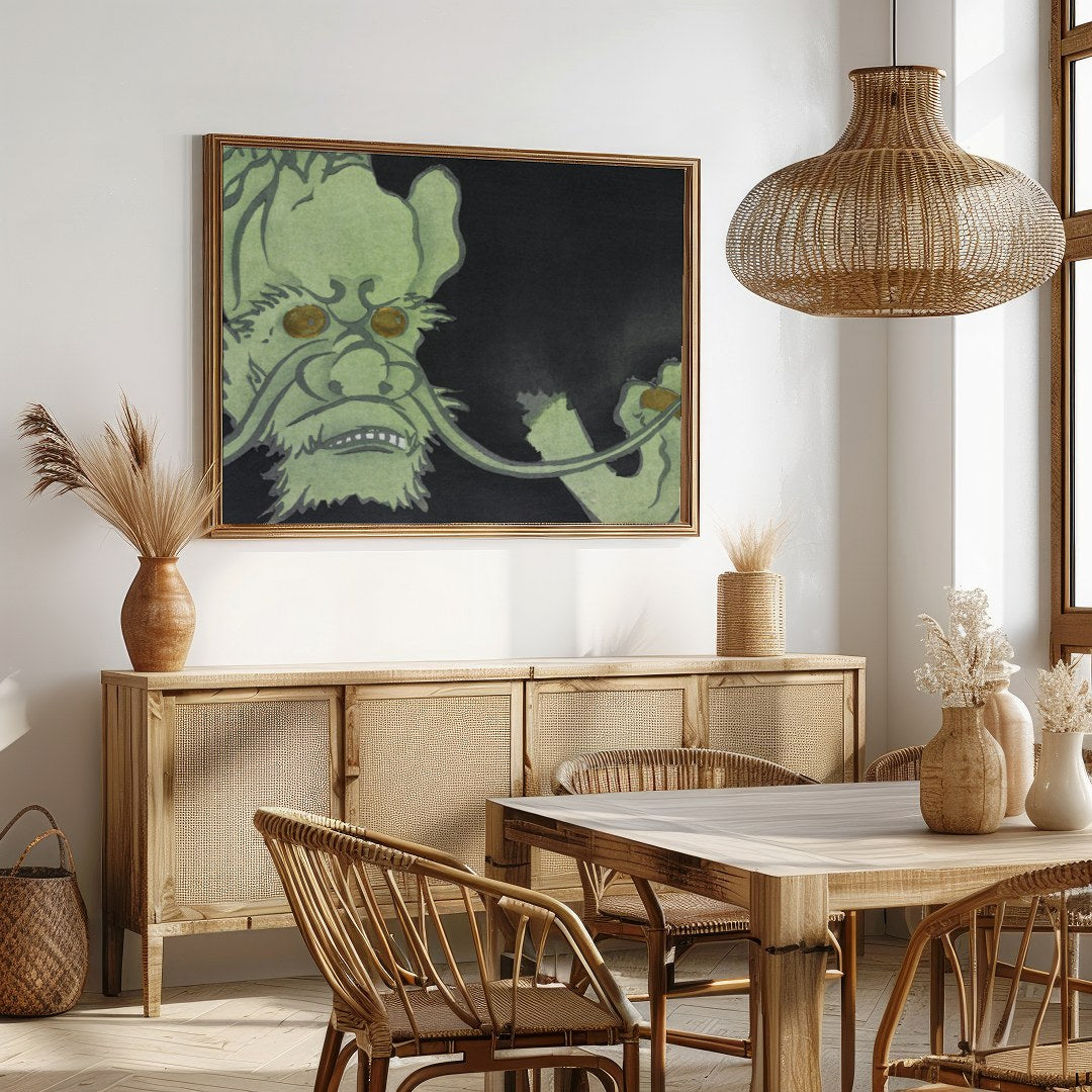 Dive into the mysterious world of this enigmatic artwork featuring a green creature set against a for Dining