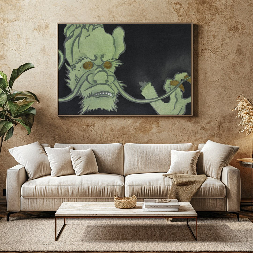 Dive into the mysterious world of this enigmatic artwork featuring a green creature set against a for Family Room