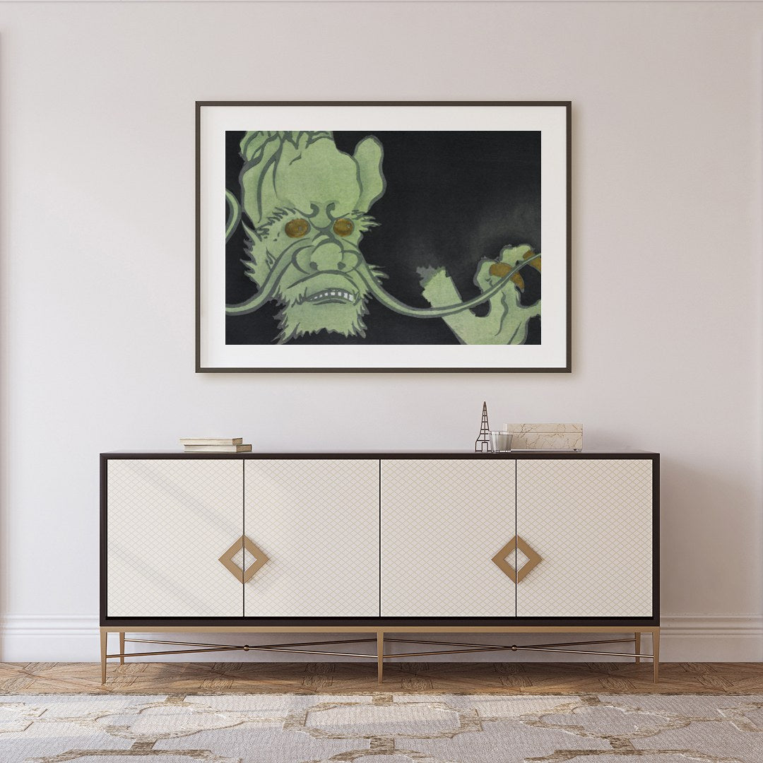 Dive into the mysterious world of this enigmatic artwork featuring a green creature set against a for Foyer