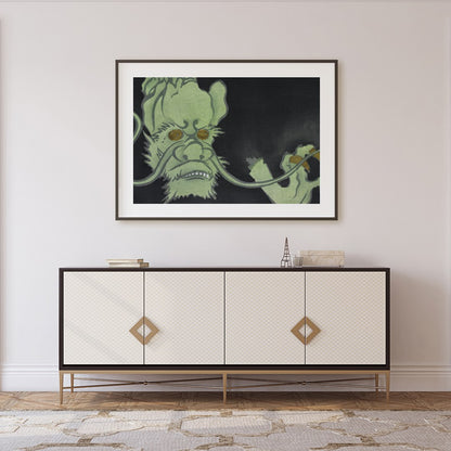 Dive into the mysterious world of this enigmatic artwork featuring a green creature set against a for Foyer