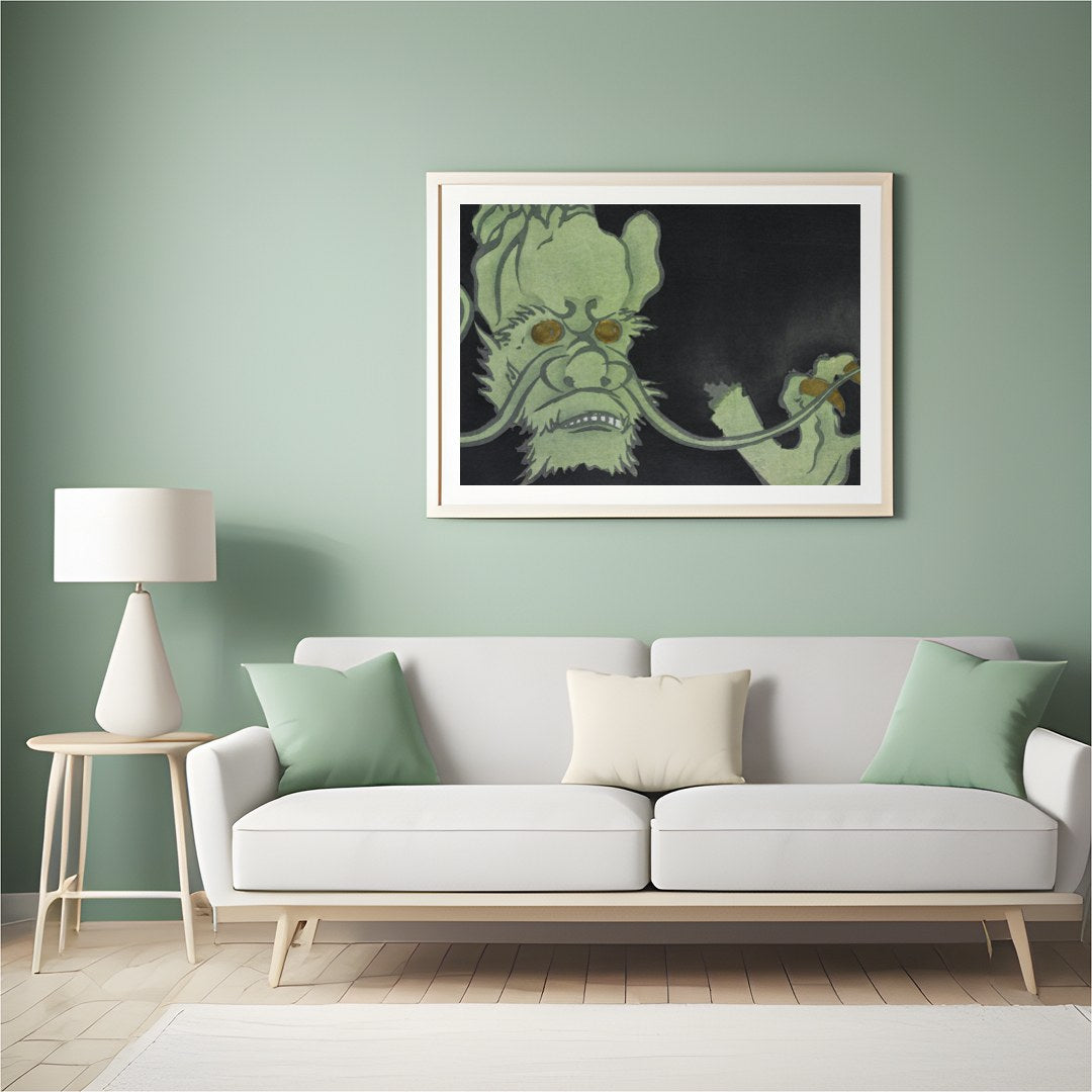Dive into the mysterious world of this enigmatic artwork featuring a green creature set against a for Hall