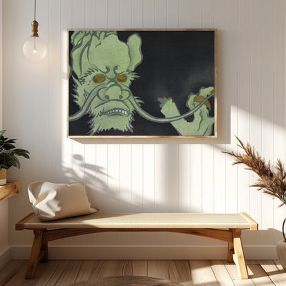 Dive into the mysterious world of this enigmatic artwork featuring a green creature set against a for Hallway