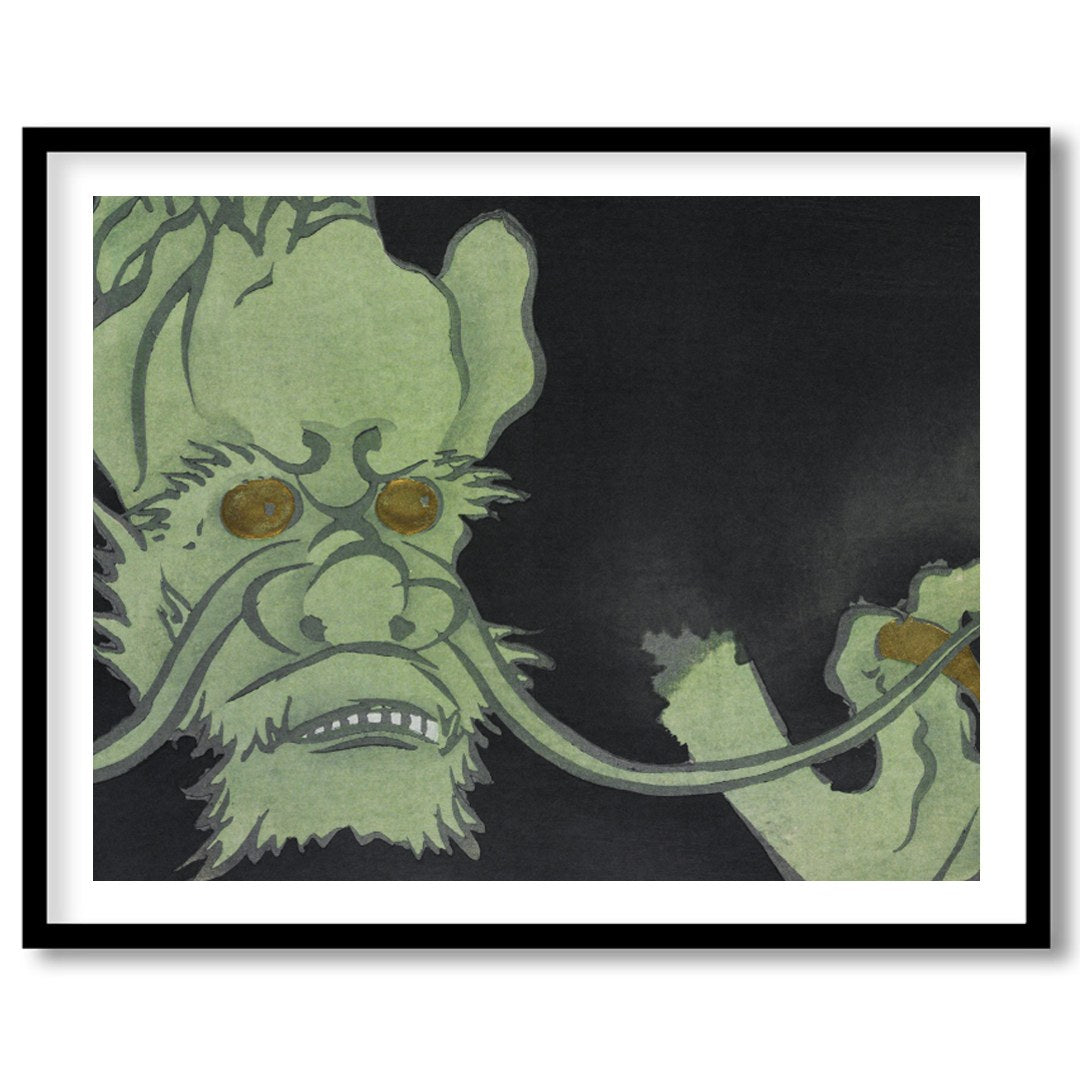 Dive into the mysterious world of this enigmatic artwork featuring a green creature set against a for house