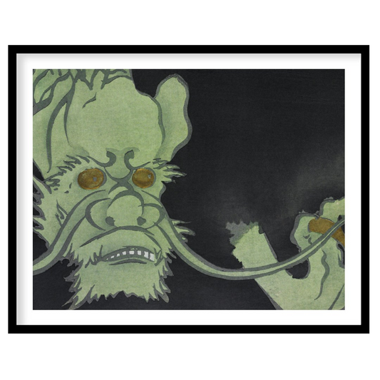 Dive into the mysterious world of this enigmatic artwork featuring a green creature set against a for house