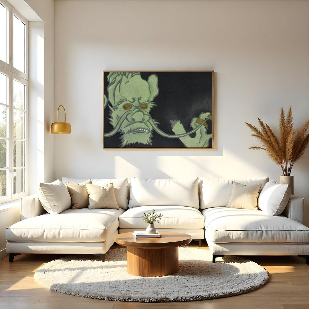 Dive into the mysterious world of this enigmatic artwork featuring a green creature set against a for Living Room