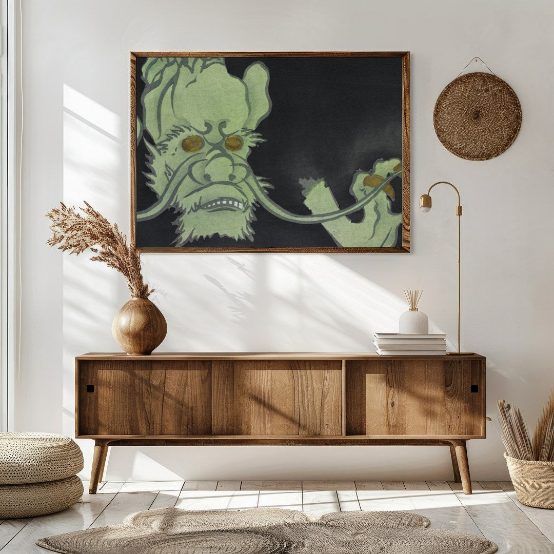 Dive into the mysterious world of this enigmatic artwork featuring a green creature set against a for Sitting Area
