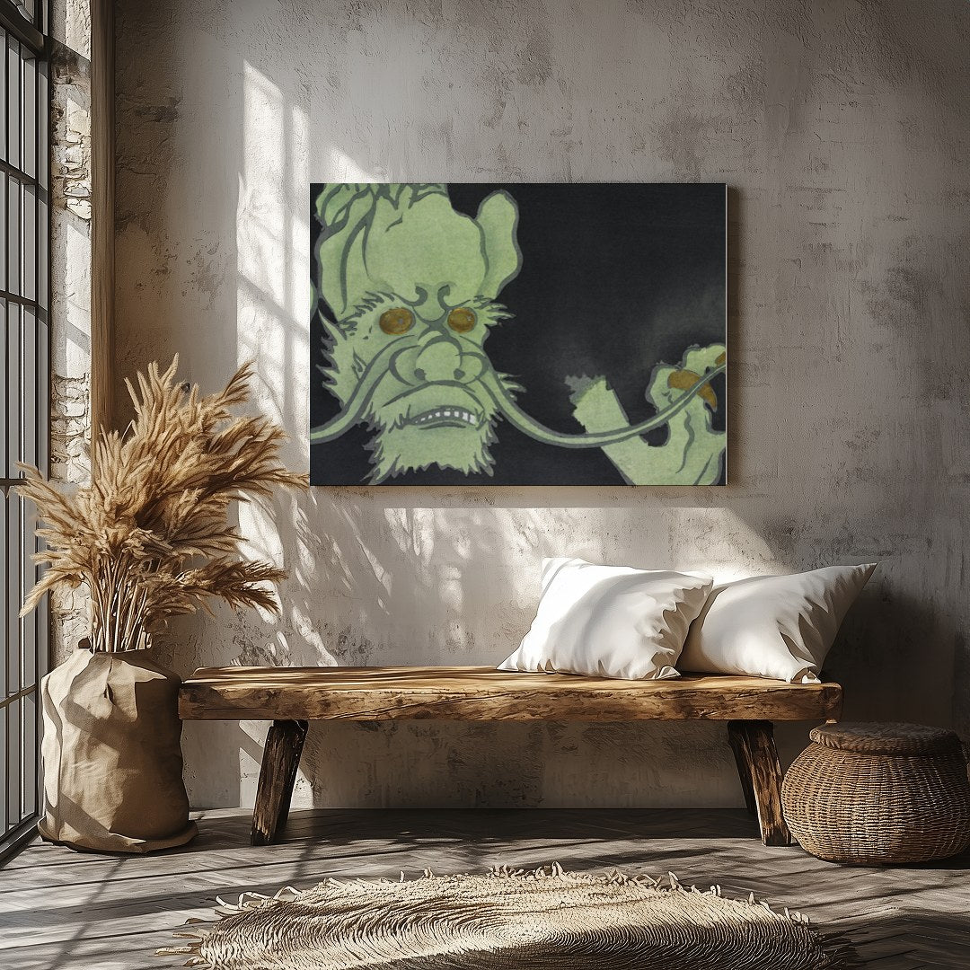 Dive into the mysterious world of this enigmatic artwork featuring a green creature set against a for Veranda