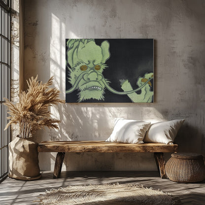 Dive into the mysterious world of this enigmatic artwork featuring a green creature set against a for Veranda