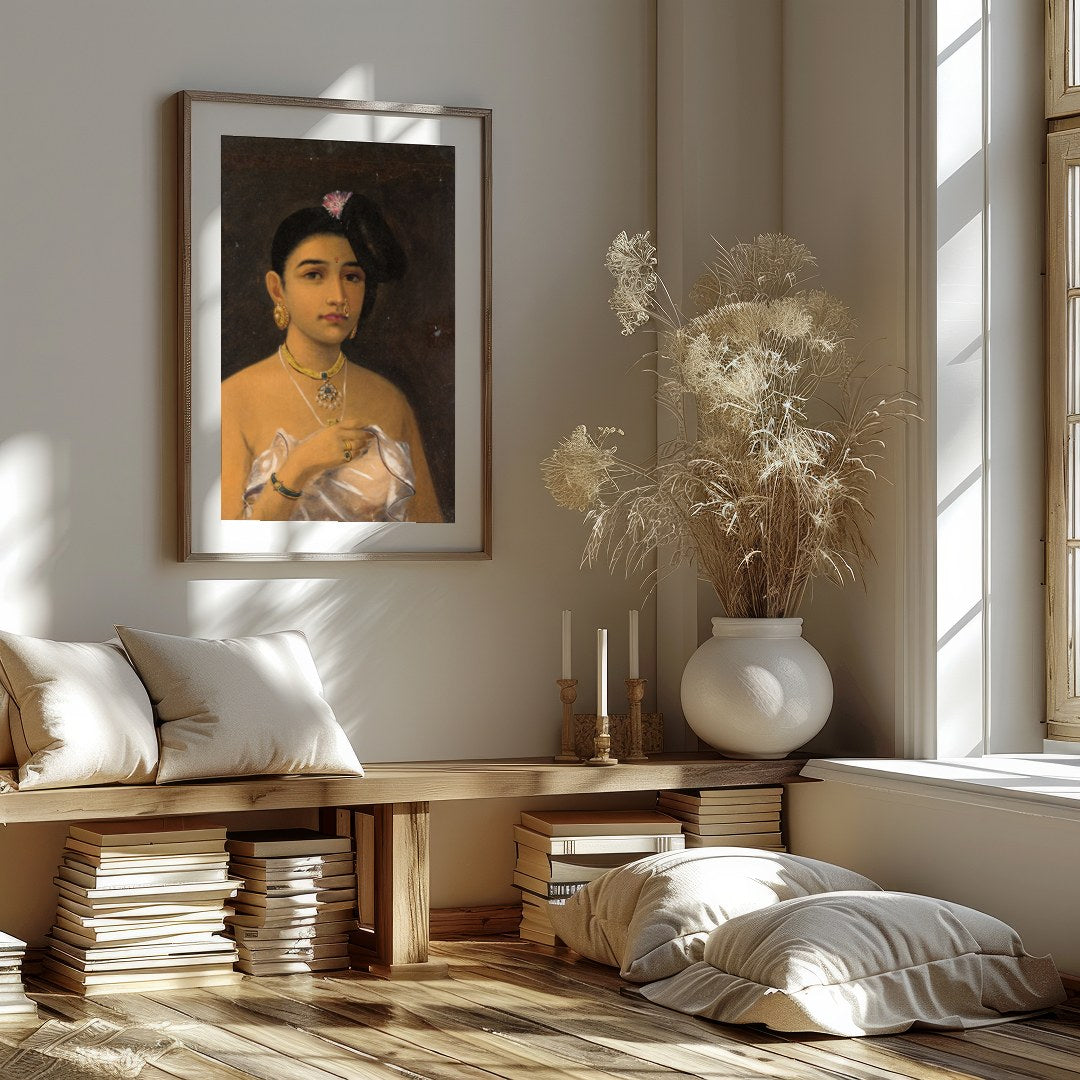 This captivating portrait emanates the grace and elegance of Rajasthani heritage. Featuring for abode