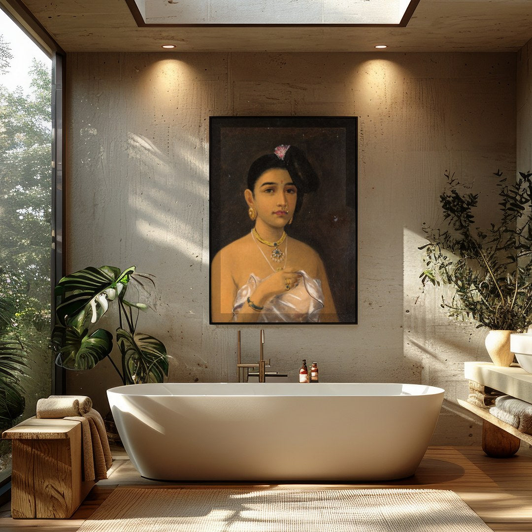 This captivating portrait emanates the grace and elegance of Rajasthani heritage. Featuring for Bathroom