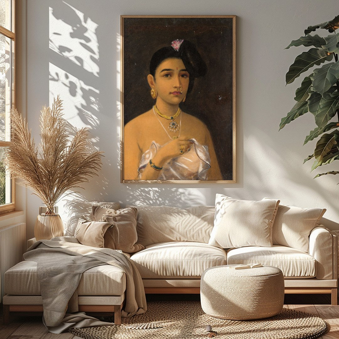 This captivating portrait emanates the grace and elegance of Rajasthani heritage. Featuring for Sitting Area