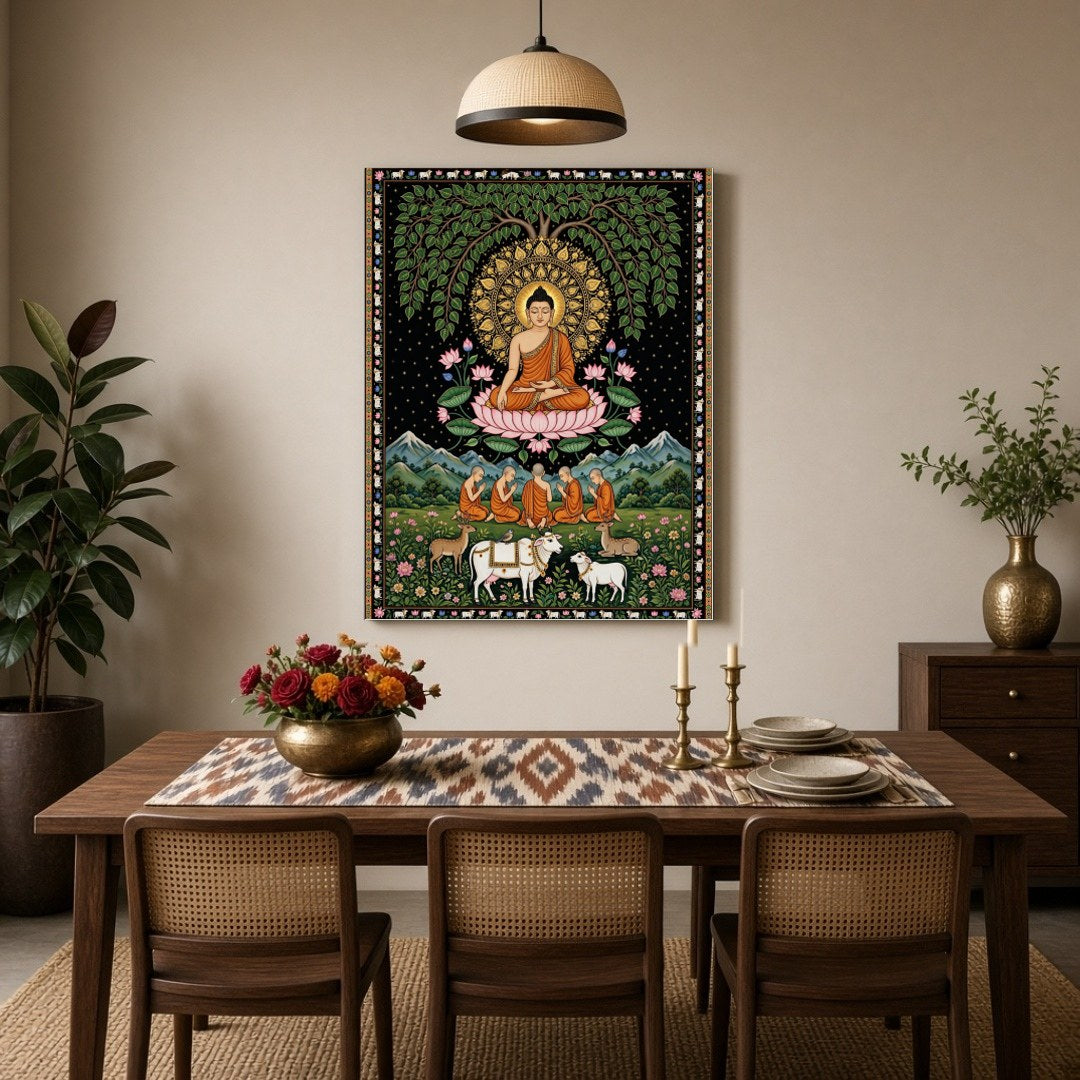 This exquisite art piece portrays the serene presence of Lord Buddha seated under a lush Tree of for Dining