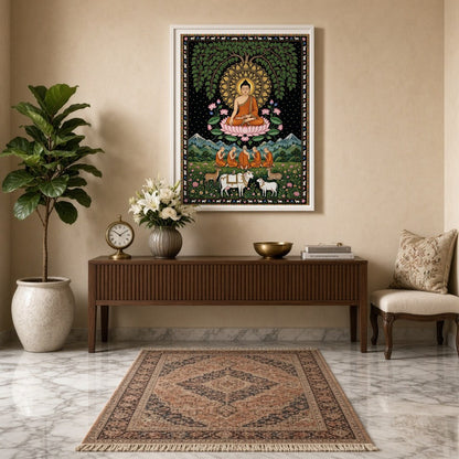 This exquisite art piece portrays the serene presence of Lord Buddha seated under a lush Tree of for Entrance
